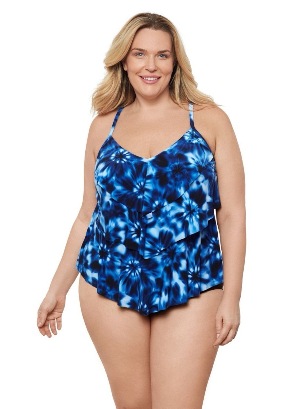 Aqua Green, Women's Triple Tier Tankini Only, Chic Tie Dye Blue.
22W